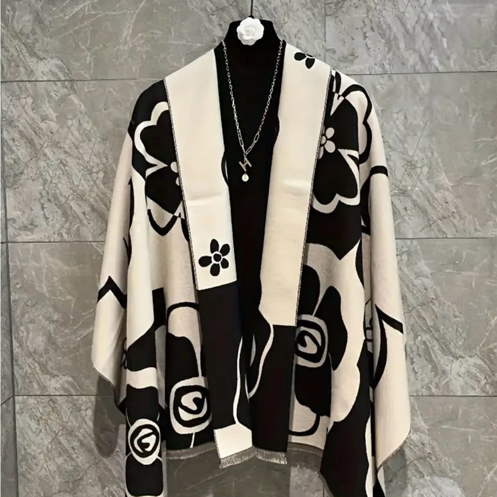 Black & White Floral Wrap Scarf - Picture 5 of 7